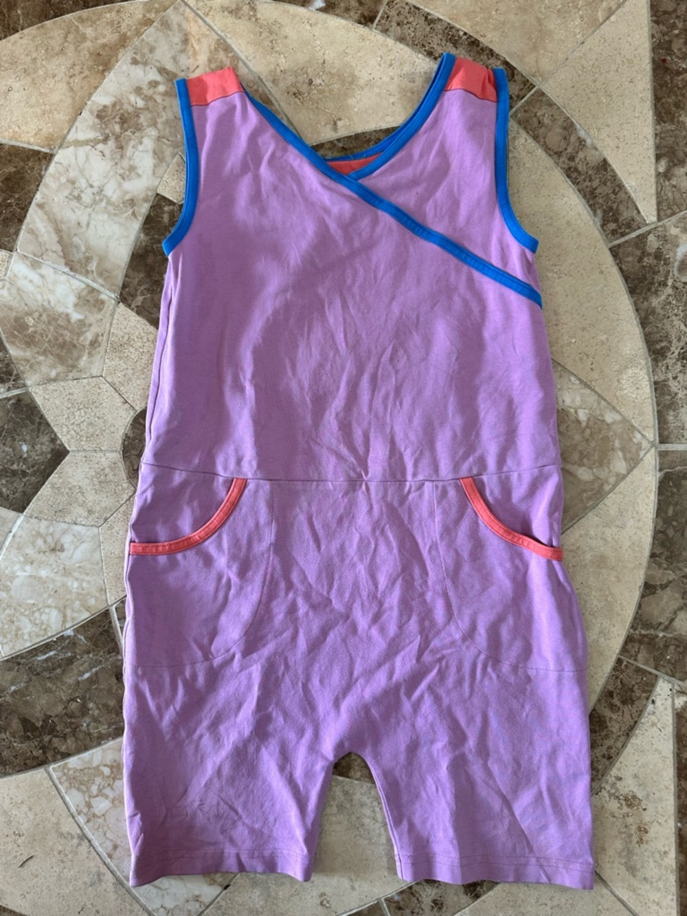Peakaboo Beans Lilac Sleeveless Kids Romper with Coral & Blue Trim
